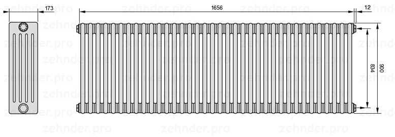 Схема (чертеж) Радиатор Zehnder Charleston 5090/36 №7610 Белый глянцевый RAL 9016